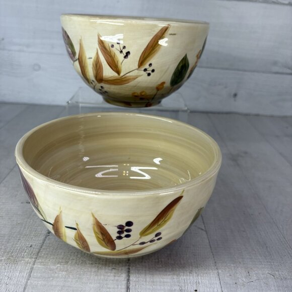 Home Trends SHADOWWOOD Tan Stoneware Leaves Flowers Large All Purpose Bowl Set 2 - Picture 3 of 16